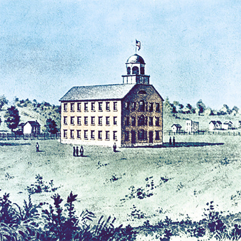 Rendering of Indiana College, where the Kelley School of Business began with a course in political economy in 1830.