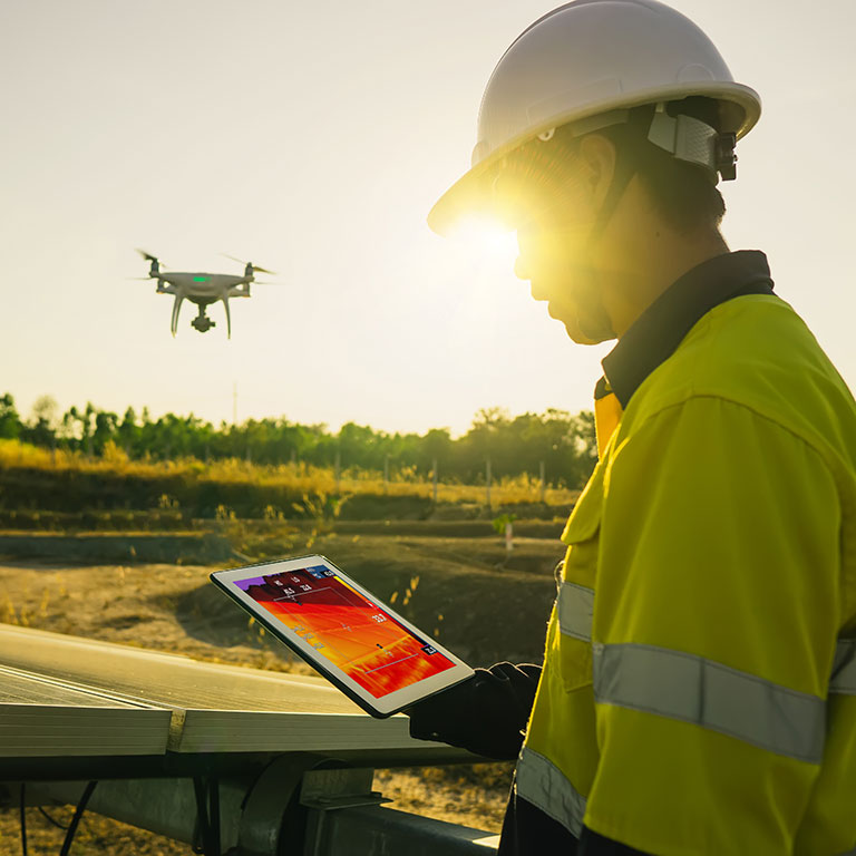 A man in a hard hat and uniform monitors a flying drone in the background using a tablet